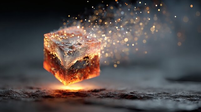 A glowing data cube suspended in a dark environment surrounded by floating digital particles, representing the layered complexity of big data architectures and AI-driven pattern recognition 