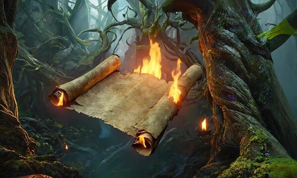 Ancient scroll engulfed in flames amidst a mystical forest, revealing secrets of nature