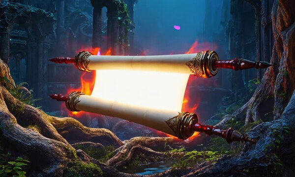 Ancient scroll engulfed in flames amidst a mystical forest with ruins in the background