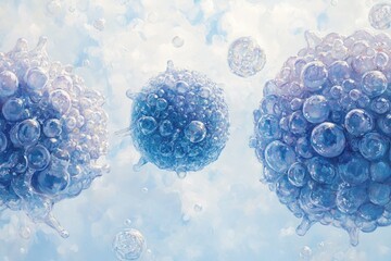 Three vibrant, translucent cells with bubble-like structures, set against a light-blue, cloudy background