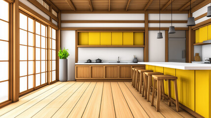 Obraz premium Modern luxury open plan kitchen with Japanese inspired design features wooden elements, yellow cabinets, and sleek countertop. space is bright and inviting, with natural light streaming through
