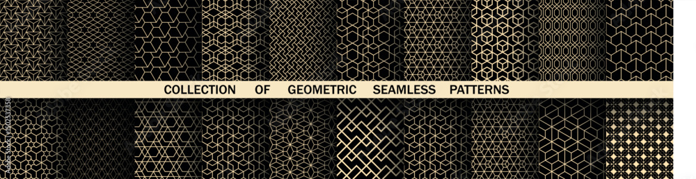 Leinwandbilder Geometric set of seamless black and golden patterns. Simple vector graphics