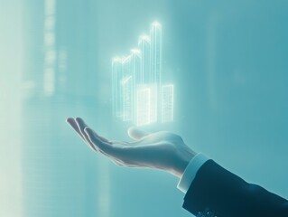 Futuristic business visualization with digital graph projection in blue tones for innovation design