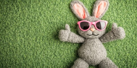 A gray plush bunny with pink ears and sunglasses lies on green grass giving a thumbs up with both paws