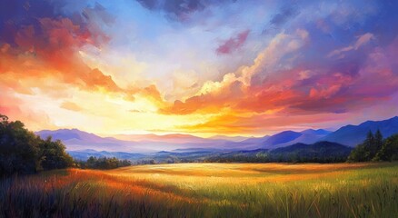 Colorful sunset over a golden field