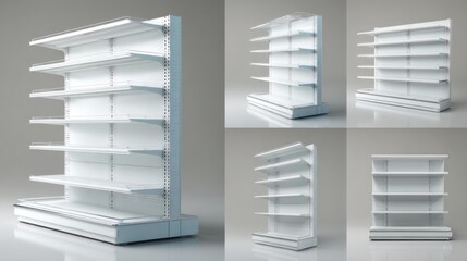 Modern white supermarket shelving units