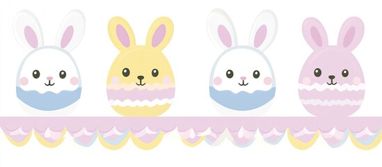 Four cartoon bunnies with egg-shaped bodies and pink ears, two white, one yellow, one pink, on a pink scalloped border
