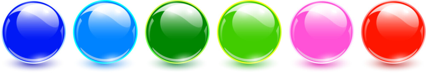 Multicolored glass balls, 3D shiny spheres set.
