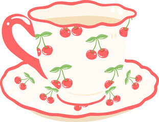 Cherry Tea Cup Illustration, Cozy Drink Clipart, Cute Vintage Kitchen Art