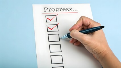 Hand checking items off a progress checklist