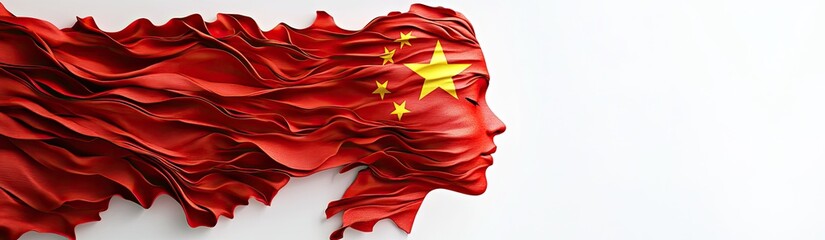 A human head made of the Chinese flag is shown on a white background, with detailed texture and folds of the red cloth.