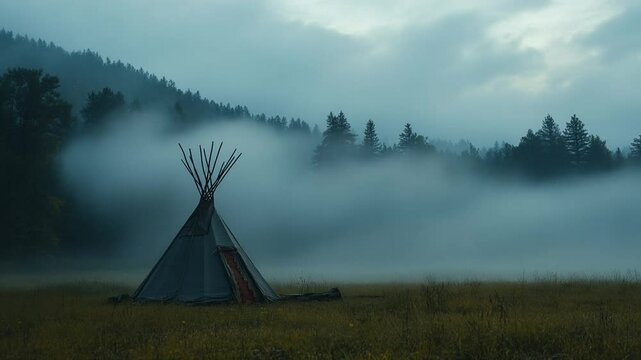 Misty morning landscape featuring a teepee in a serene meadow