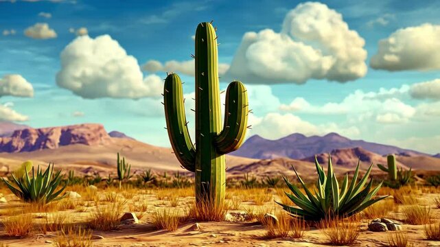 Colorful desert landscape featuring vibrant cacti with cartoon-style elements under a blue sky, desert landscape with cactus cartoon video