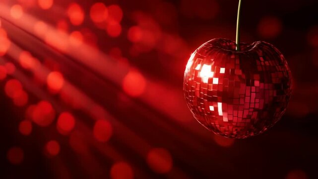 Shiny red disco ball shaped like cherry rotating on blurred red background
