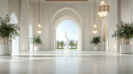 Elegant Interior Hallway with View of Grand Mosque Through Archway interior hallway mosque grand tea