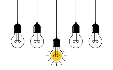Hanging light bulbs with one glowing on white background. Continuous line drawing light bulb. Concept of idea