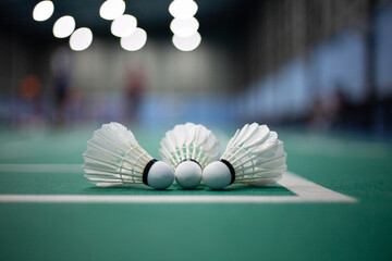 Shuttlecock on green badminton court, badminton competition background
