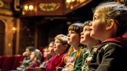 Children captivated by a live theater performance at a quaint venue, An audience of children watch a play at a theater