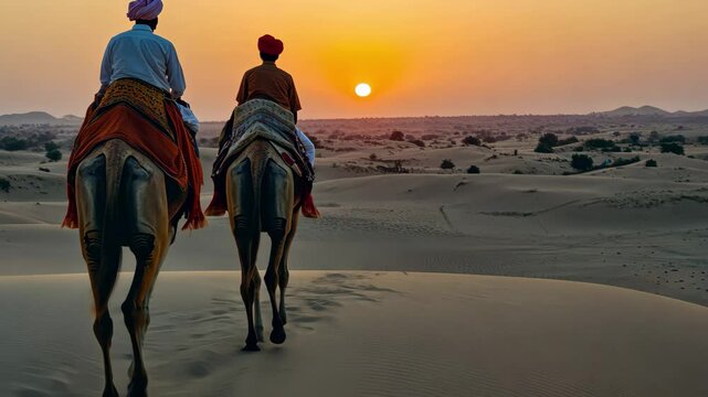 Cameleers riding camels at sunset in the Thar desert under a golden sky, Cameleers, camel Drivers at sunset Thar desert on sunset Jaisalmer, Rajasthan, India