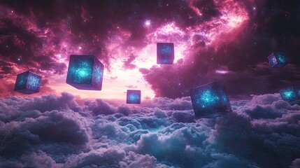 Floating cubes in a vibrant nebula above clouds.