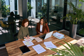 Two diverse busy business women of young and middle age talking in creative green office sitting at...