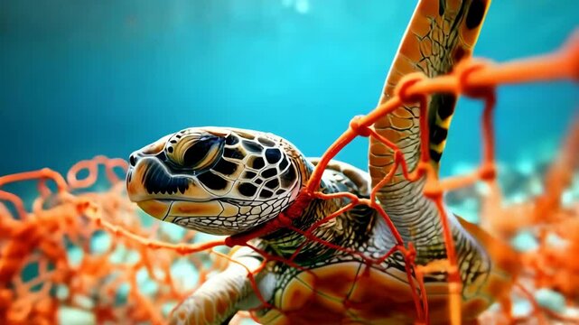 Endangered sea turtle struggling in a discarded orange fishing net