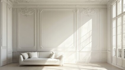 A large wall is divided into two parts. On the left side, there's an empty space with people standing in it, facing each other with their backs to the viewer.