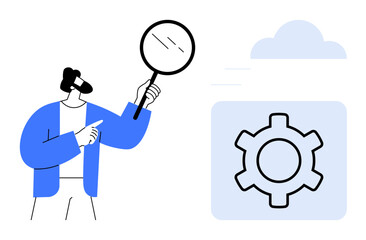 Person holding magnifying glass pointing at gear icon inside a cloud silhouette. Ideal for cloud computing, technology, data optimization, innovation, IT solutions, analysis, simple landing page