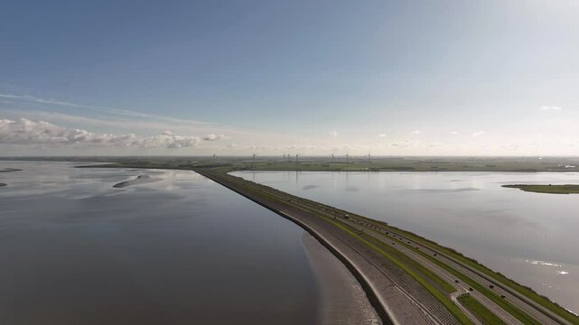 Afsluitdijk enclosing dike separating ijsselmeer lake from wadden sea