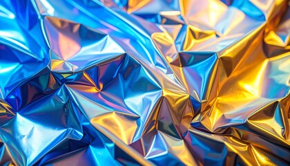 Close-up of iridescent, crumpled metallic fabric in blue and gol