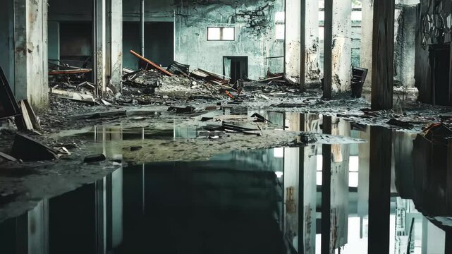 Flood damage aftermath reveals forgotten building filled with debris and stagnant water, Flood disaster background Destroyed and forgotten empty and creepy building