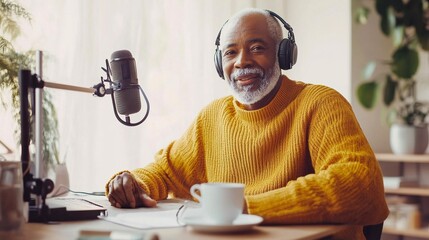 senior man with headphones is recording a podcast at home office