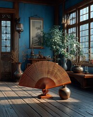 Decorative bamboo fan on wooden floor high resolution picture