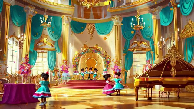Colorful cartoon character party inside a grand palace with music and dancing, cartoon character party inside palace, suitable for kids music background, video