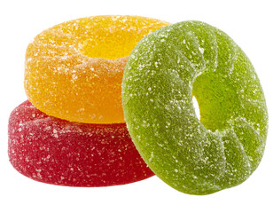 Gummy Rings – Fruit-flavored gummy rings stacked irregularly isolated on white background. Suitable for marketing or business purposes. PNG file