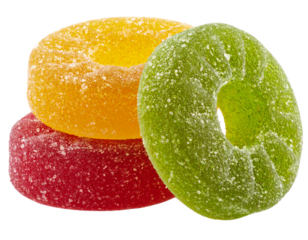 Gummy Rings – Fruit-flavored gummy rings stacked irregularly isolated on white background. Suitable for marketing or business purposes. PNG file