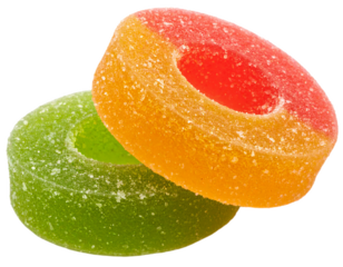 Gummy Rings – Fruit-flavored gummy rings stacked irregularly isolated on white background. Suitable for marketing or business purposes. PNG file