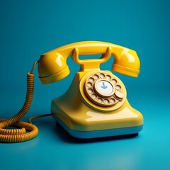  Vintage Blue Rotary Phone Featuring Sunflower Yellow Handset and Glowing Modern Power Symbol Dial