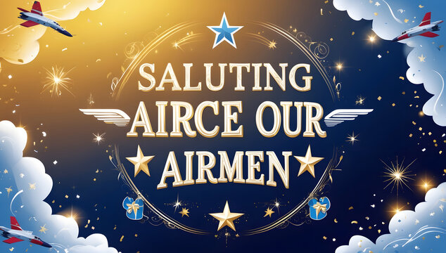 A celebratory design saluting airmen, featuring gold lettering, stars, jets, and confetti against a dark blue and gold background. Perfect for military appreciation.