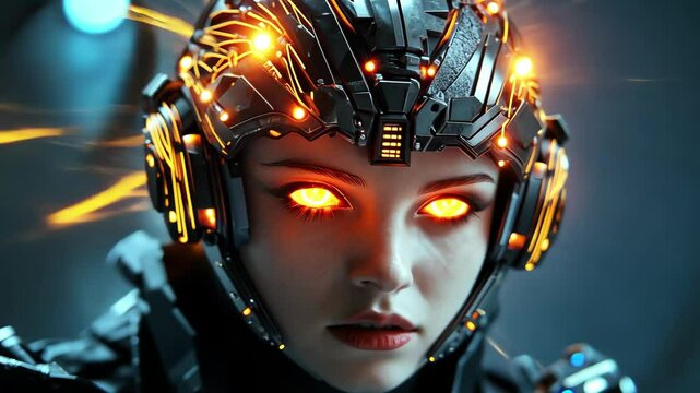 Futuristic female cyborg with glowing gold crown of cables and striking eyes in a dimly lit setting, Female cyborg with glowing gold crown of cables