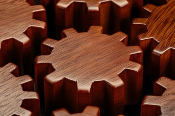 Wooden gears assembled in harmony to reflect collaboration and the intricate nature of machinery in an industrial setting