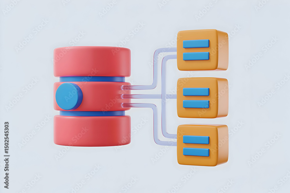 Poster 3d render of database server with connected data blocks
