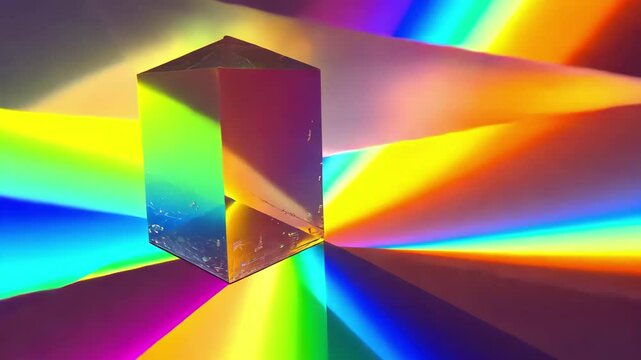Glass prism generates vibrant light spectrum creating colorful reflections, A glass prism refracts light into a spectrum of colors, creating a rainbow effect