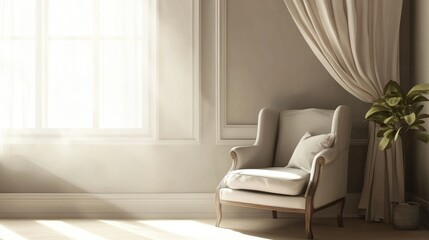 A serene reading corner with upholstered armchair, soft light through the window, and elegant drapes flowing gently in a calm modern room