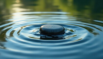 Ripples spreading from a single stone skip across water surface, landscape, calm water