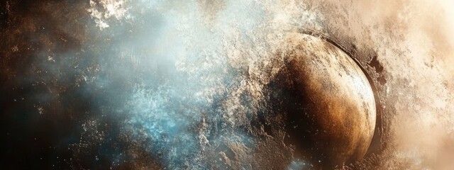 A celestial body emerges from a swirling, ethereal nebula, its surface a mix of brown and orange hues