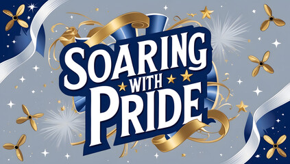 Celebratory graphic design featuring the text 'Soaring With Pride' in elegant typography, adorned with gold ribbons, stars, and propellers, set against a gray-blue background.