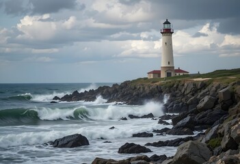 Naklejka premium Iconic Maine lighthouse on the rocky coast, guiding navigation across the ocean waves under the vast sky