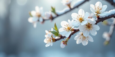 Naklejka premium Snow-clad tree branch displays delicate white flowers in full bloom, snow-kissed beauty, blossoming branches