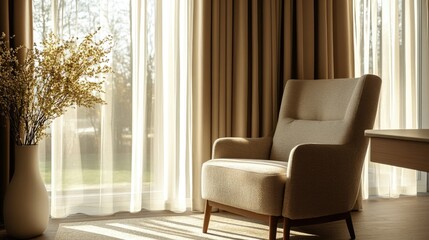 Modern interior with cozy armchair near a tall window, sheer and solid curtains blending together to frame soft natural light in a warm, welcoming room